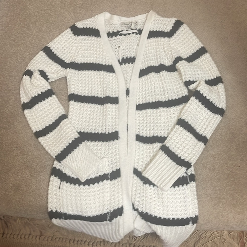 White crocheted cardigan with black horizontal stripes small nice